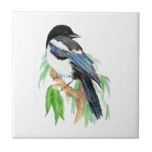  Watercolor Magpie Bird & Willow Tree Tile