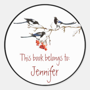 Watercolor Magpie Birds Nature Library Book Plate Classic Round Sticker