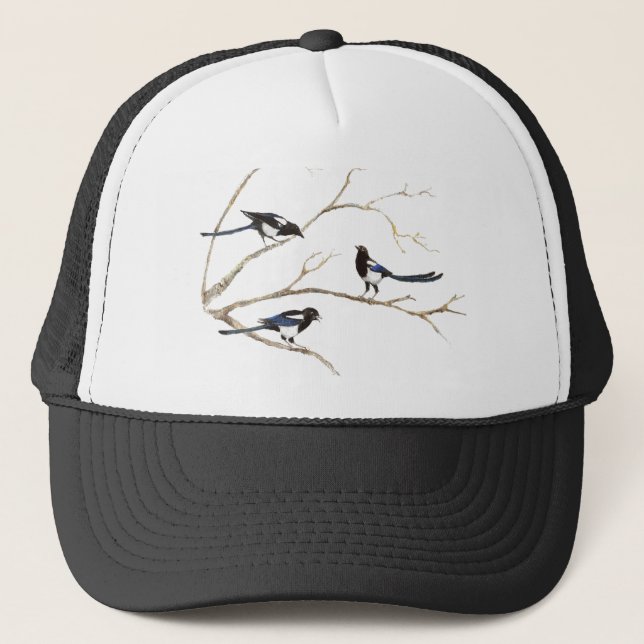 Watercolor Magpie Family Bird Wildlife Nature Art  Trucker Hat (Front)