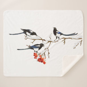 Watercolor Magpie Family Friends Tree Berry Winter Sherpa Blanket