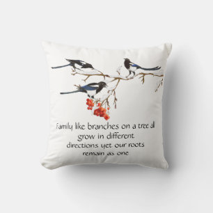 Watercolor Magpie Family Quote Animal Nature Throw Cushion