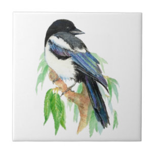 Watercolor  Magpie Garden Bird art Tile