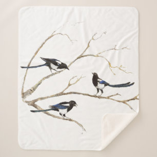 Watercolor Magpie Garden Bird Wildlife Art  Sherpa Blanket