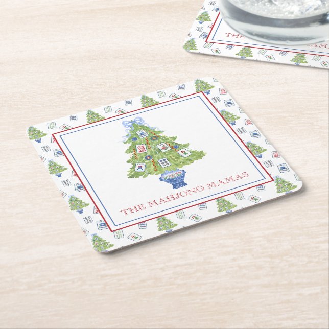 Watercolor Mahjong Christmas Tree Party Square Paper Coaster (Angled)