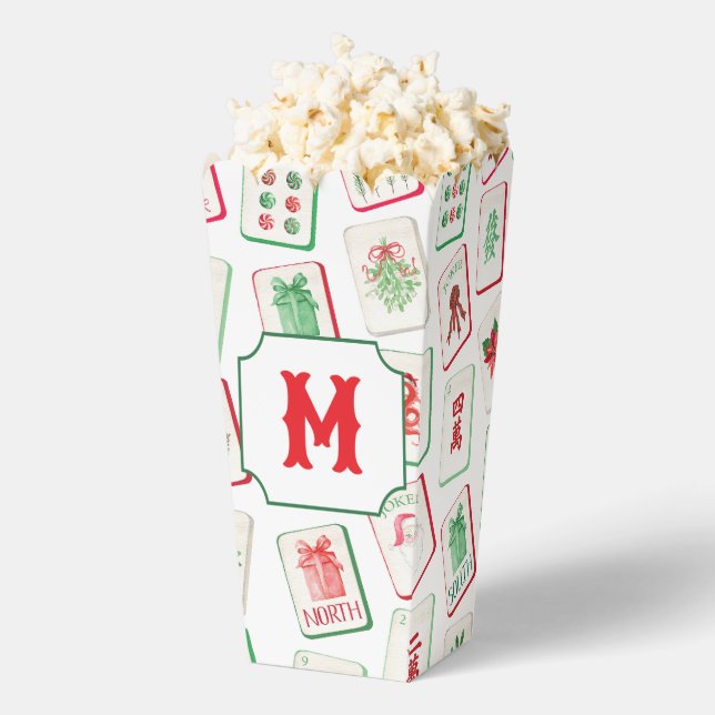 Watercolor Mahjong Red & Green Christmas  Monogram Favour Box (Popped)