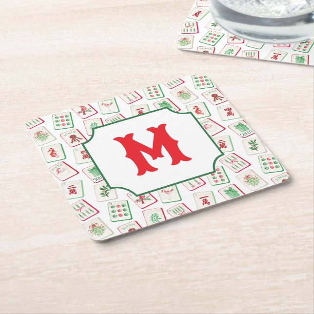 Watercolor Mahjong Red & Green Christmas  Monogram Square Paper Coaster (Angled)