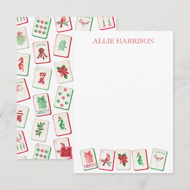 Watercolor Mahjong Red & Green Christmas Tiles Card (Front/Back)