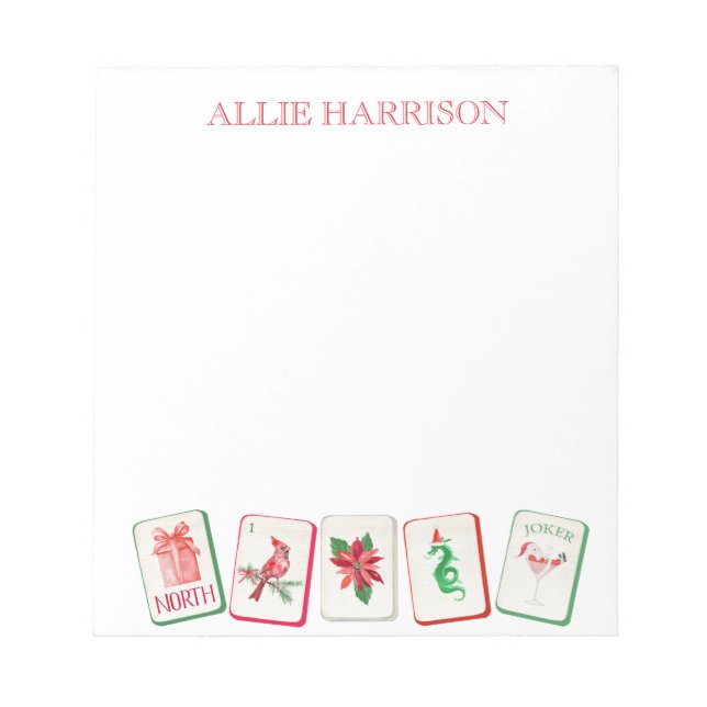 Watercolor Mahjong Red & Green Christmas Tiles Notepad (Front)