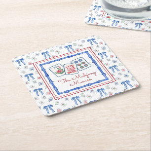 Watercolor Mahjong Tiles & Bows Party Square Paper Coaster