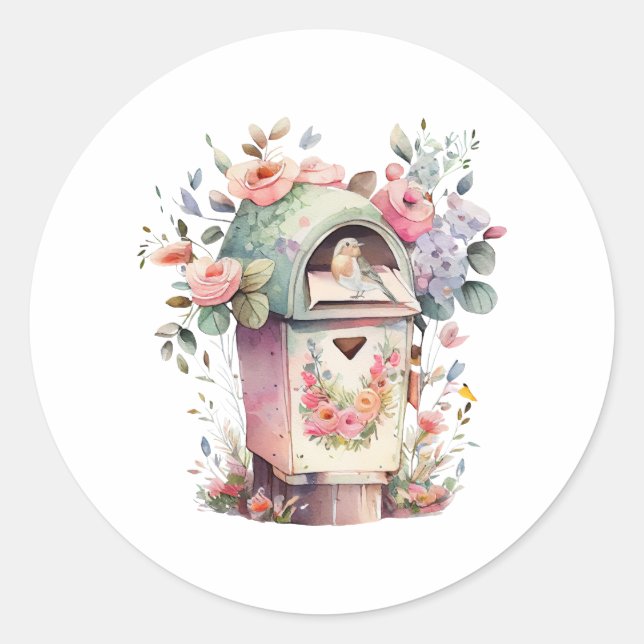 Watercolor Mailbox with Flowers and Bird Classic Round Sticker (Front)