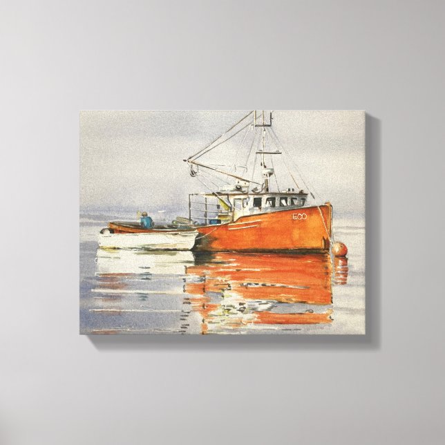 Watercolor Maine Fishing Boat Canvas Coastal Print (Front)