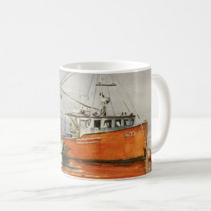 Watercolor Maine Fishing Boat Ocean Orange Grey Coffee Mug