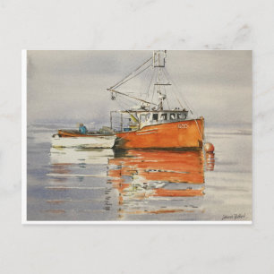 Watercolor Maine Fishing Boat Ocean Orange Grey Postcard