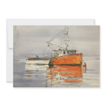 Watercolor Maine Fishing Boat Ocean Orange Grey