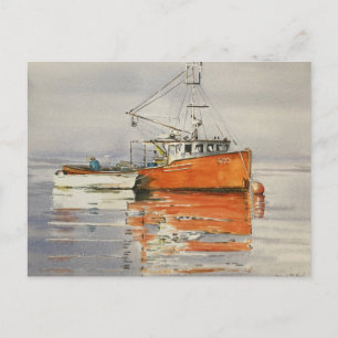 Watercolor Maine Fishing Boat Ocean Orange Serene  Postcard