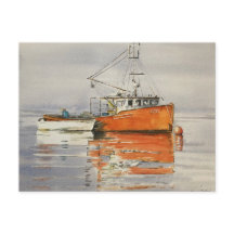 Watercolor Maine Fishing Boat Ocean Orange Serene