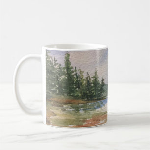 Watercolor Maine Landscape Water Forest Blue Green Coffee Mug