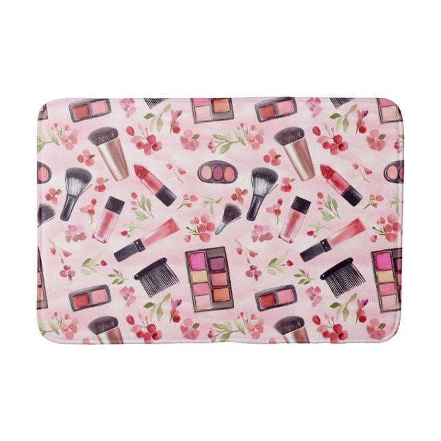 Watercolor Makeup Beauty Pattern with Florals Bath Mat (Front)