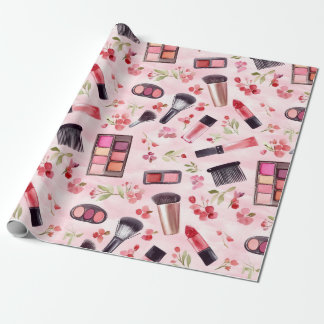 Watercolor Makeup Beauty Pattern with Pink Flowers Wrapping Paper
