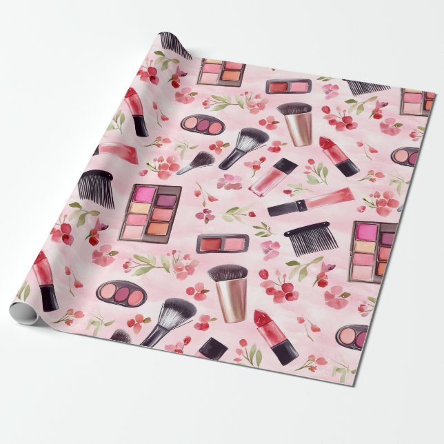 Watercolor Makeup Beauty Pattern with Pink Flowers Wrapping Paper (Unrolled)
