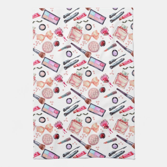 Watercolor Makeup Pattern Tea Towel (Vertical)