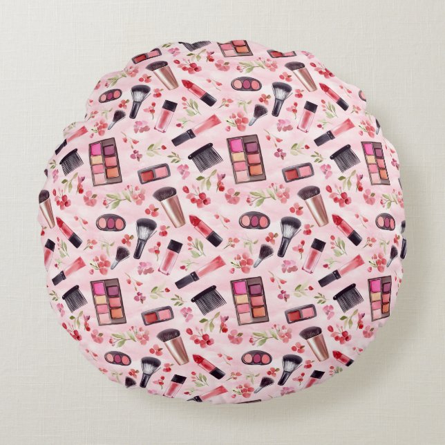 Watercolor Makeup Pattern with Feminine Charm Round Cushion (Front)