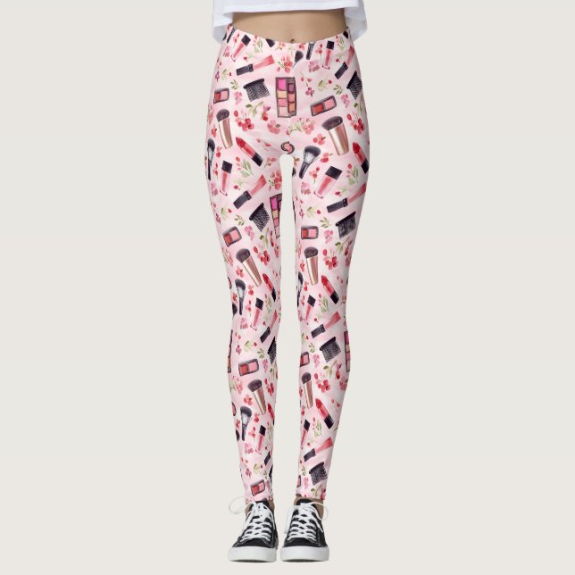 Watercolor Makeup Pattern with Pink Florals Leggings (Front)