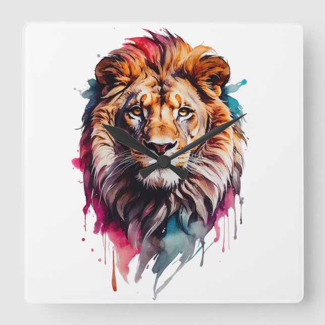Watercolor Male Lion Cat Splatter Art Portrait  Square Wall Clock (Front)