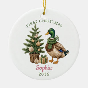 Watercolor Mallard Duck Baby 1st Christmas Ceramic Tree Decoration