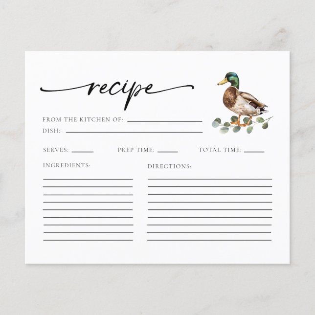 Watercolor Mallard Duck Baby Shower Recipe Cards (Front)
