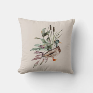 Watercolor Mallard Duck Cattails Foliage Wildlife Cushion