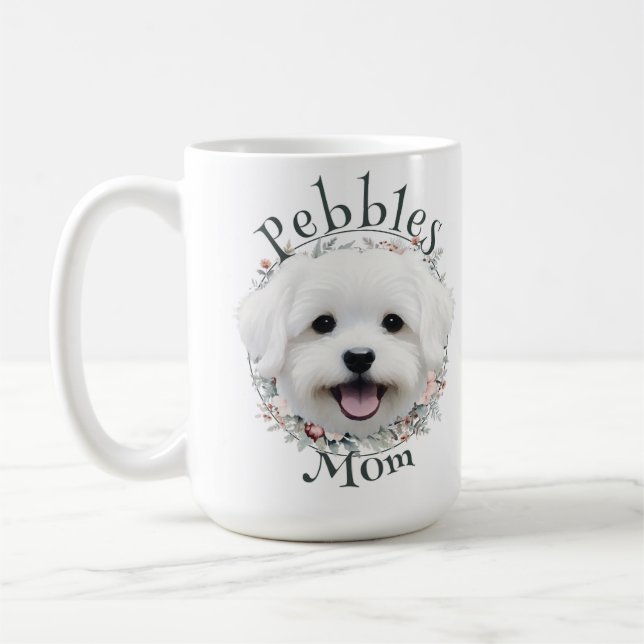 Watercolor Maltese and Floral Wreath Coffee Mug (Left)