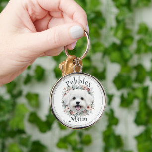 Watercolor Maltese and Floral Wreath Key Ring