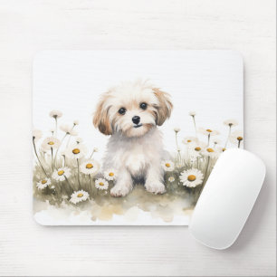 Watercolor Maltese In Daisies Mouse Mat