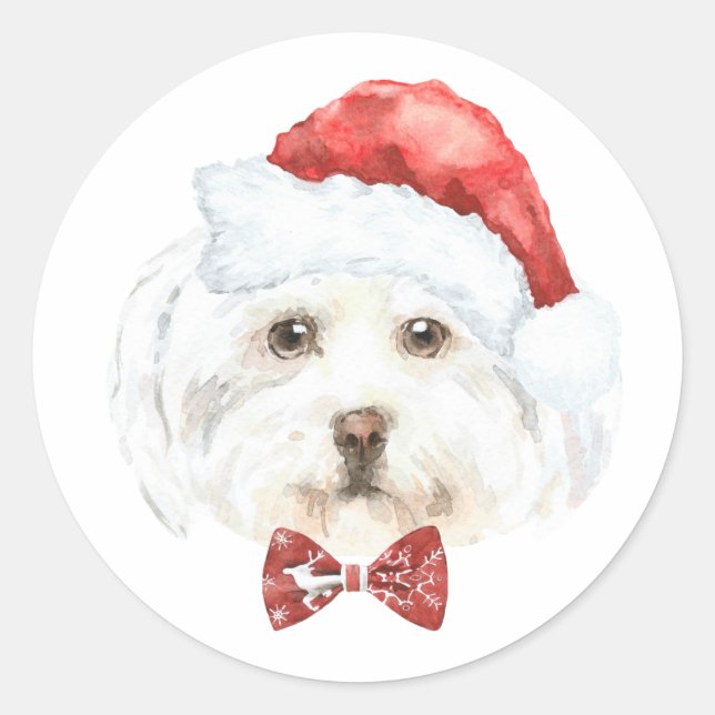 Watercolor Maltese in Santa Hat Christmas Classic Round Sticker (Front)