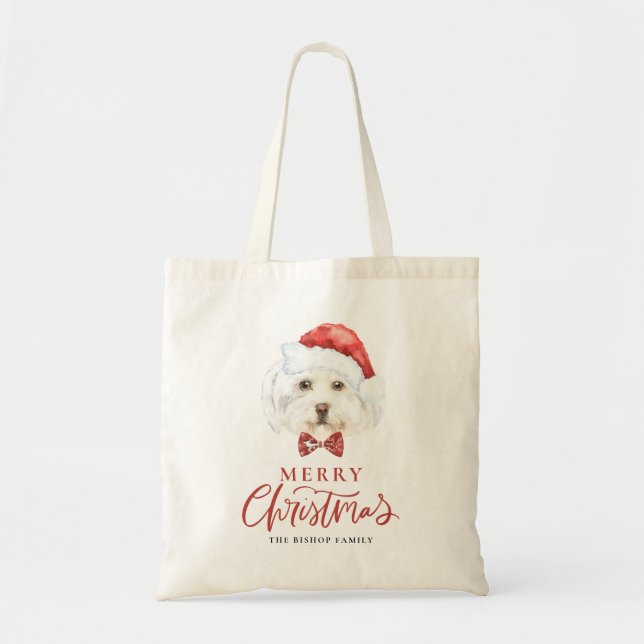 Watercolor Maltese with Santa Hat Custom Christmas Tote Bag (Front)
