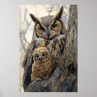 Watercolor Mama and Baby Owl Nursery Print