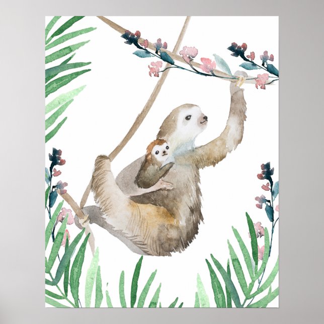 Watercolor mama and baby Sloth Poster (Front)
