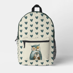Watercolor Mama Owl& Owlet Teal Heart Pattern Printed Backpack