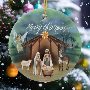 Watercolor Manager Nativity Christmas Monogram Ceramic Tree Decoration