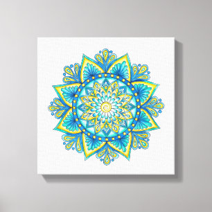 Watercolor Mandala Blue Turquoise Yellow  Canvas Print