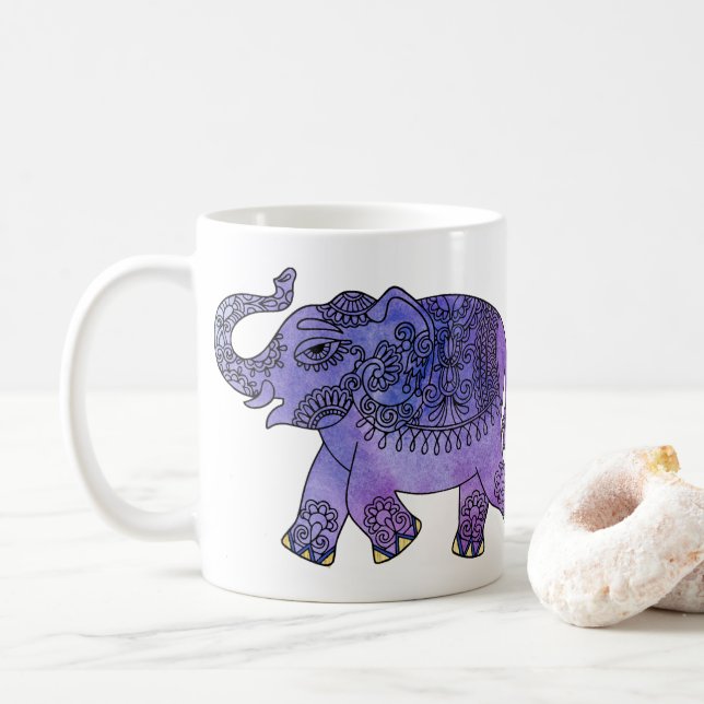 Watercolor Mandala Elephant Blue Purple Coffee Mug (With Donut)