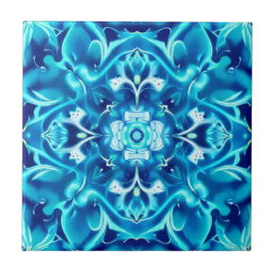 Watercolor Mandala Flower in Shades of Indigo Blue Tile