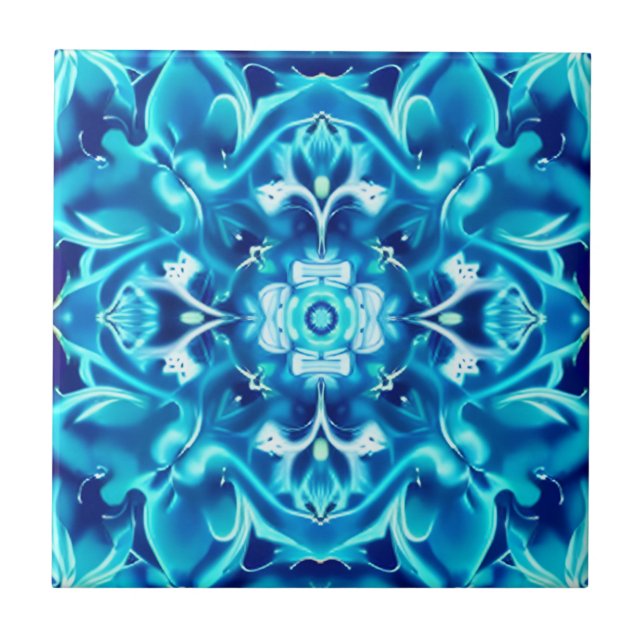Watercolor Mandala Flower in Shades of Indigo Blue Tile (Front)