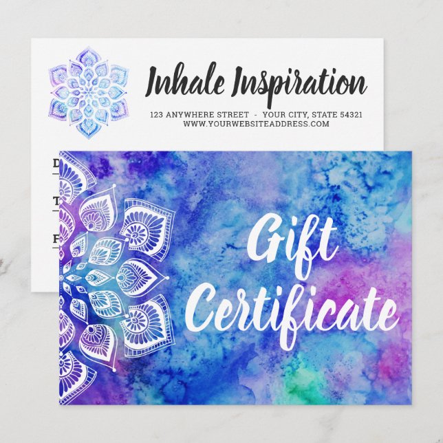 Watercolor Mandala Holistic Gift Certificate Card (Front/Back)