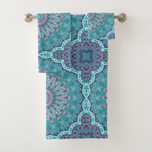 Watercolor Mandala in Teal and Purple Bath Towel Set (Insitu)