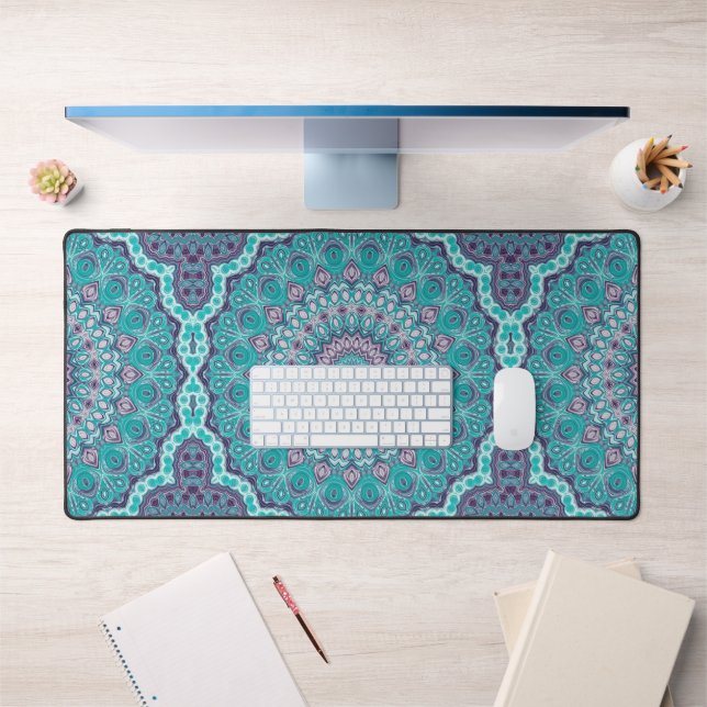 Watercolor Mandala in Teal and Purple Desk Mat (Office 1)