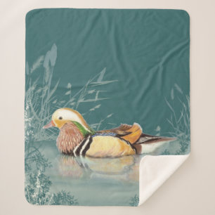 Watercolor Mandarin Duck Wildlife Nature Art Sherpa Blanket