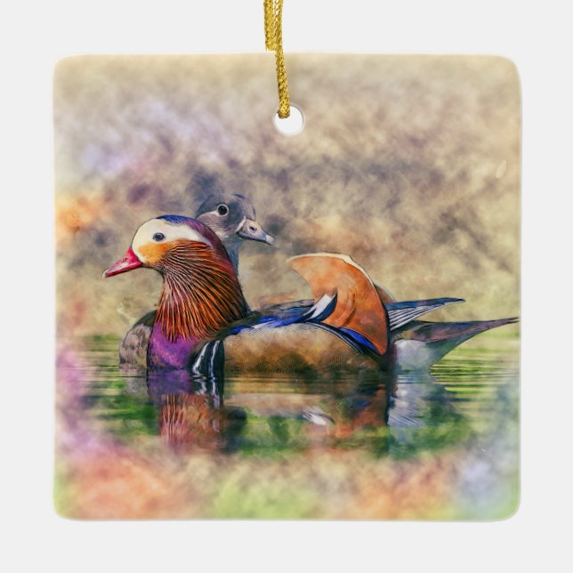 Watercolor Mandarin Ducks Feng Shui Symbol Ceramic Ornament (Front)