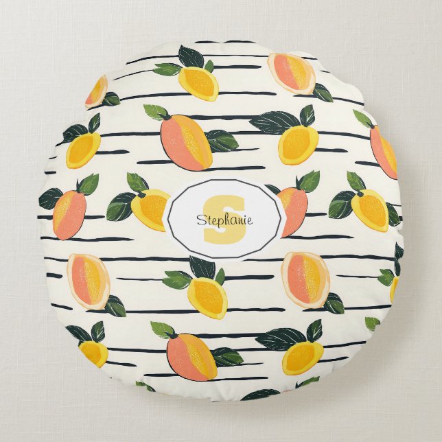 Watercolor Mango Pattern with Green Leaves (2) Round Cushion (Front)